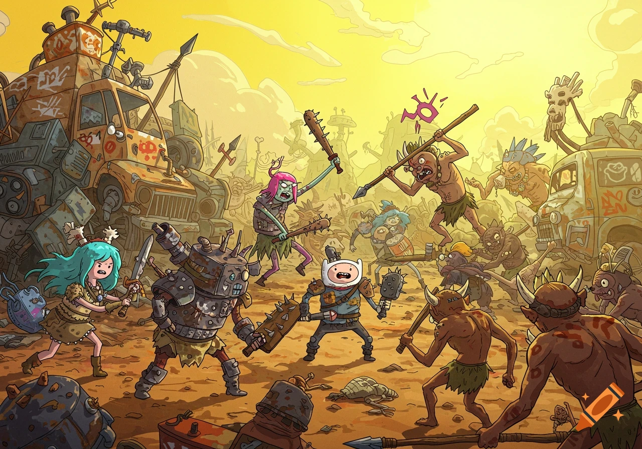 Adventure Time style image of Finn and companions battling tribals and raiders among derelict vehicles in a desert junkyard.