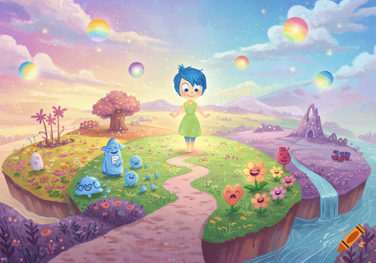 Joy from Inside Out stands on a vibrant floating island amidst whimsical creatures, colorful flowers, and rainbow orbs in a cartoon style.