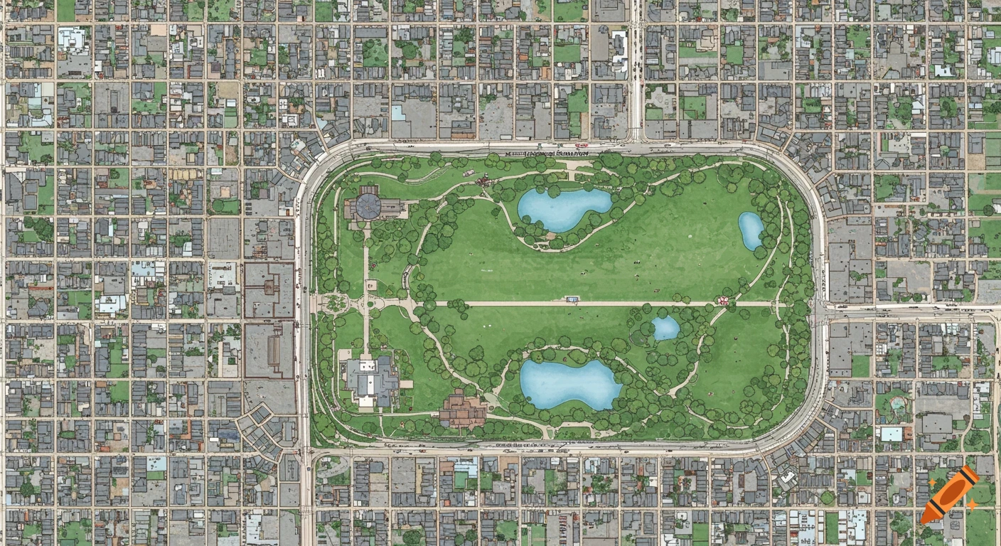An overhead view of a green park surrounded by a grid of residential buildings and streets in an urban plan style.
