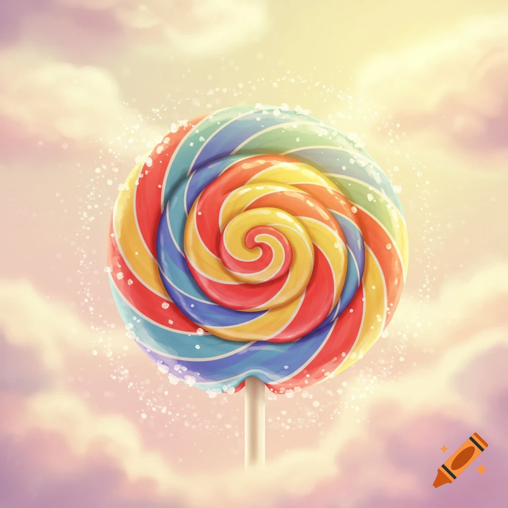 A vibrant, rainbow-swirl lollipop stands against a soft, pastel sky with shimmering specks.