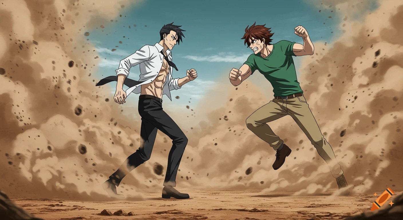 Two anime men fight in a desert dust storm; one in an unbuttoned white shirt, the other in a green t-shirt.