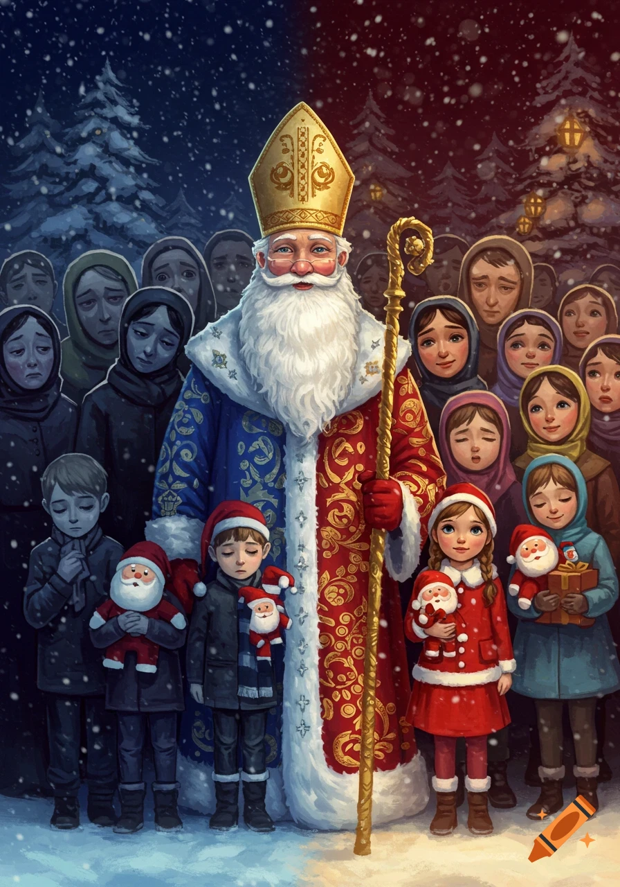Stylized Saint Nicholas stands between a somber group on the left and a joyful, celebrating group on the right in a snowy, divided winter scene.