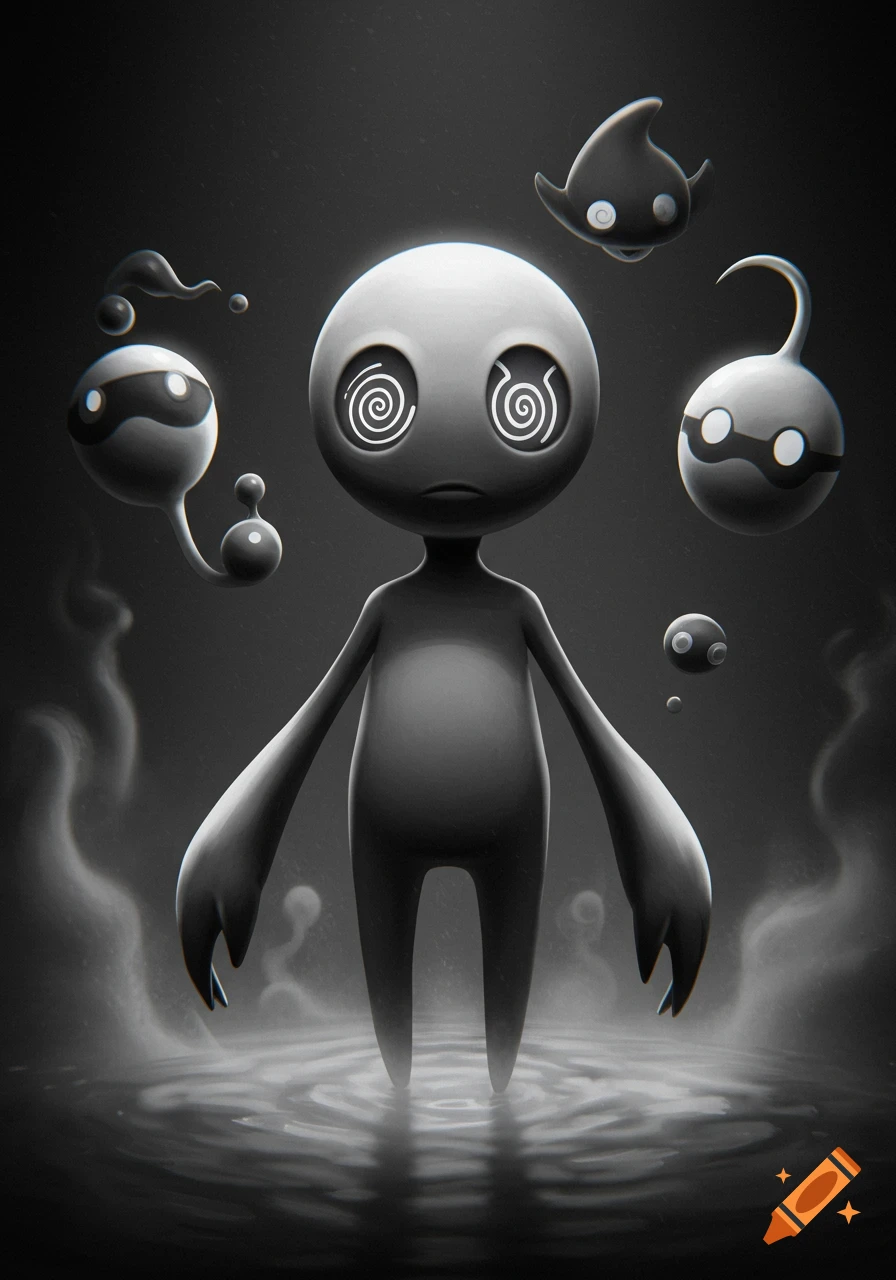 A monochromatic, stylized figure with spiral eyes stands in water, surrounded by floating, blob-like creatures.
