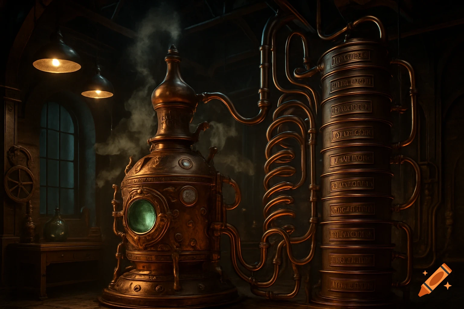 A dark, atmospheric steampunk room with a large copper alembic, pipes, and tall industrial containers.