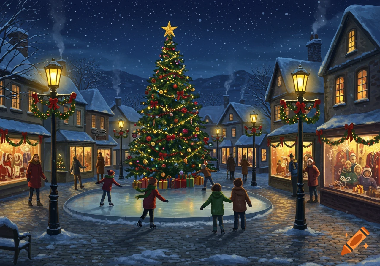 Illustrative winter village scene at night with a grand Christmas tree, children ice skating, and people by festive shops.