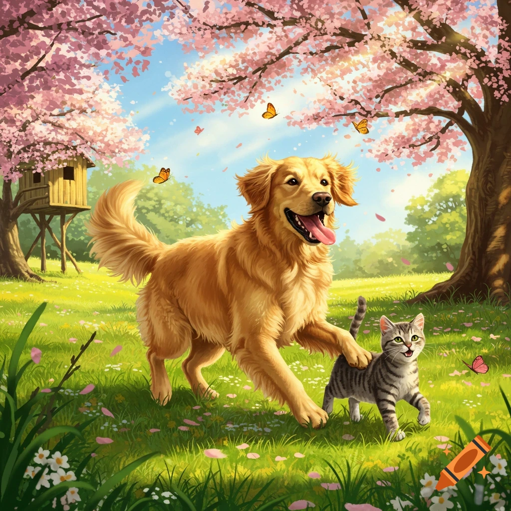 A happy golden retriever and a tabby cat play in a sunny field under cherry blossom trees with falling petals, a treehouse in the background.