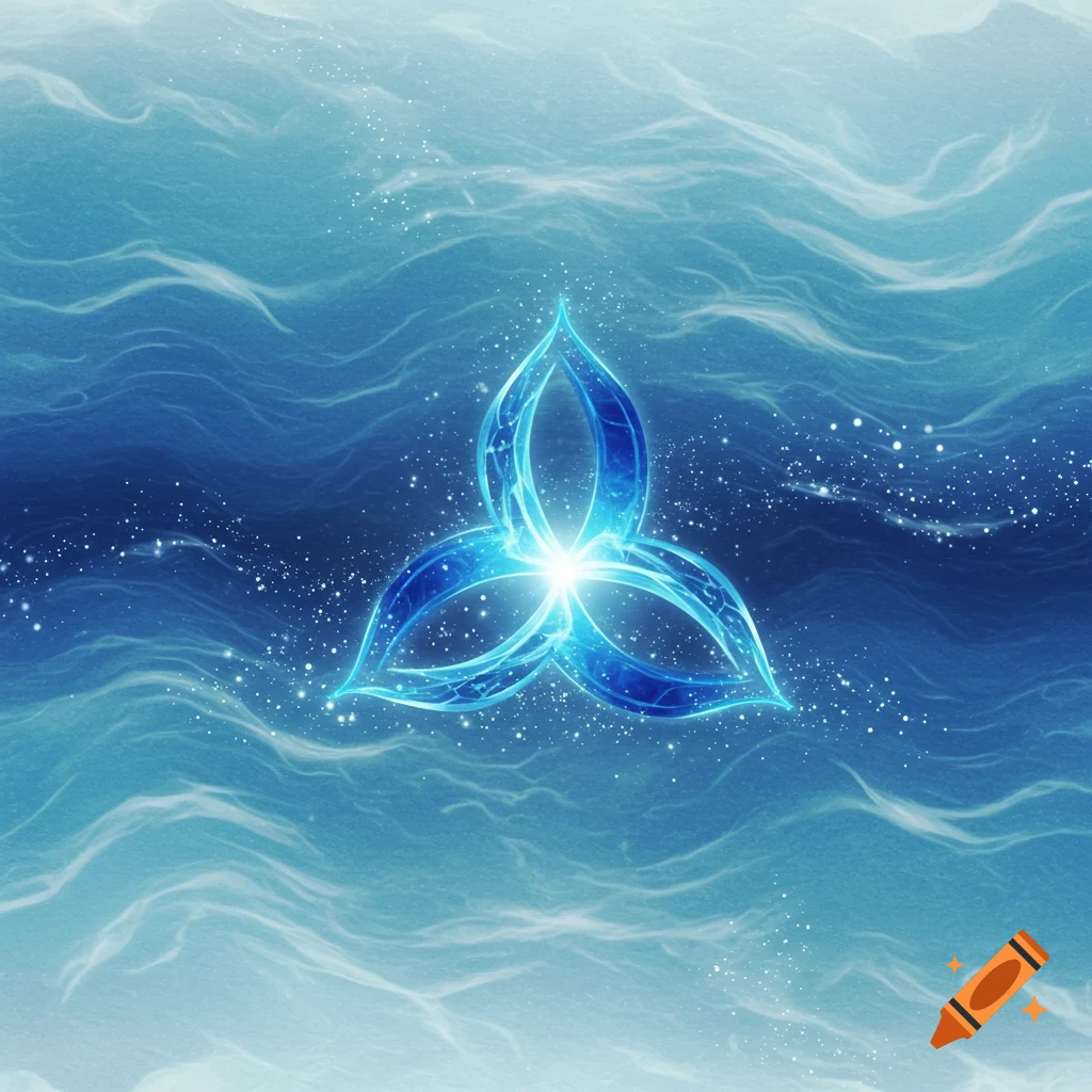 A glowing blue trinity symbol with light radiating from its center, set against a wavy blue background with sparkling white particles.