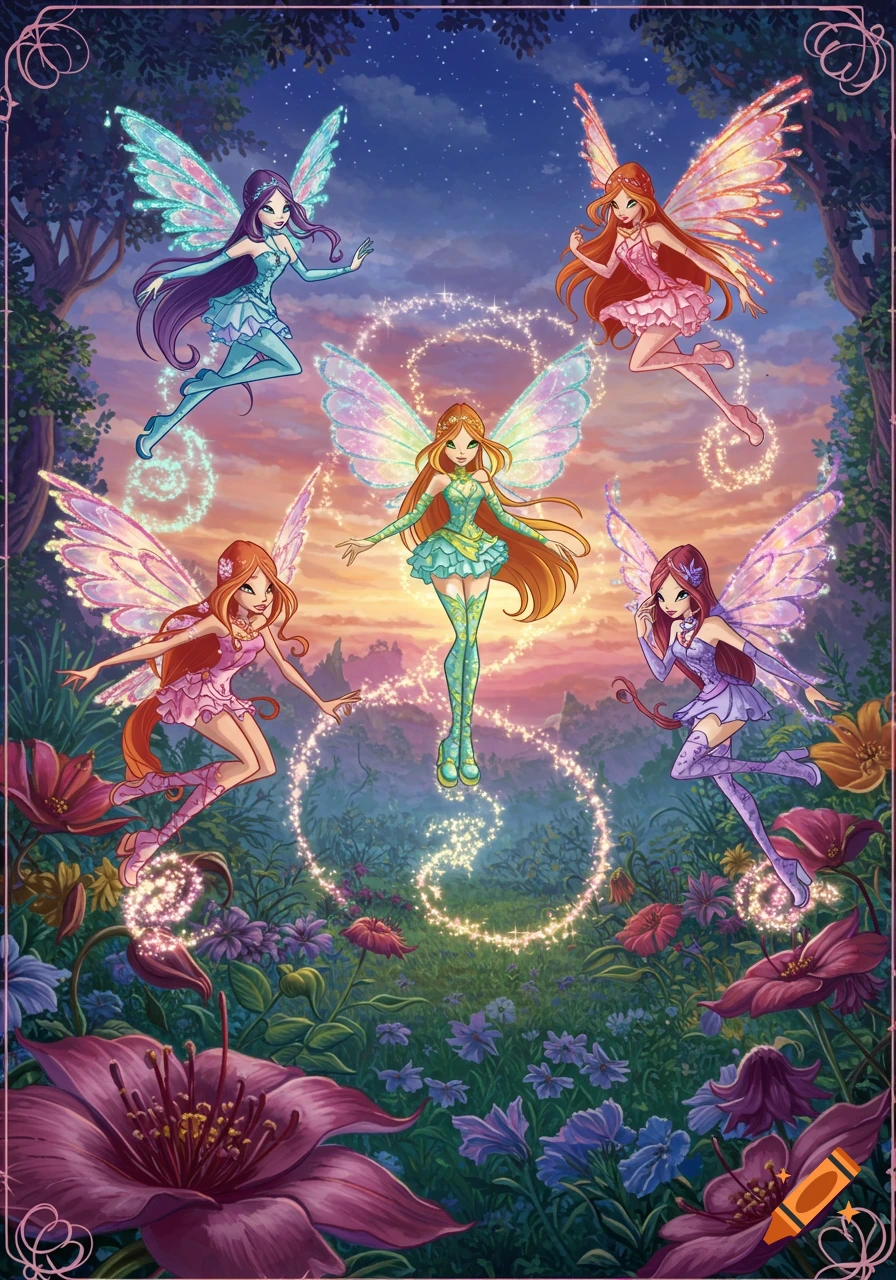 Five colorful fairies with large, sparkling wings float above a vibrant forest floor filled with flowers at sunset in an animated style.