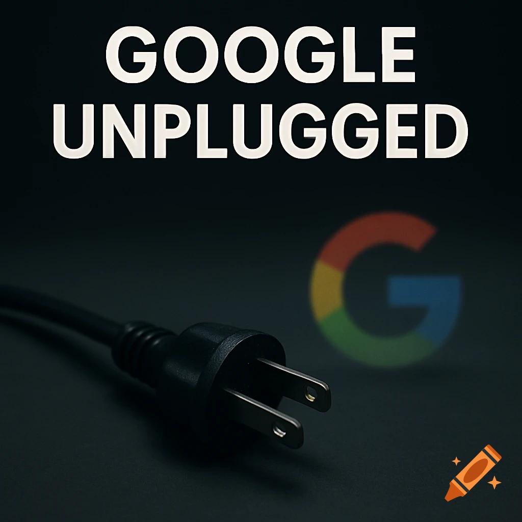 A black power plug on a dark surface with 'GOOGLE UNPLUGGED' text and a faded Google logo in the background, photorealistic style.