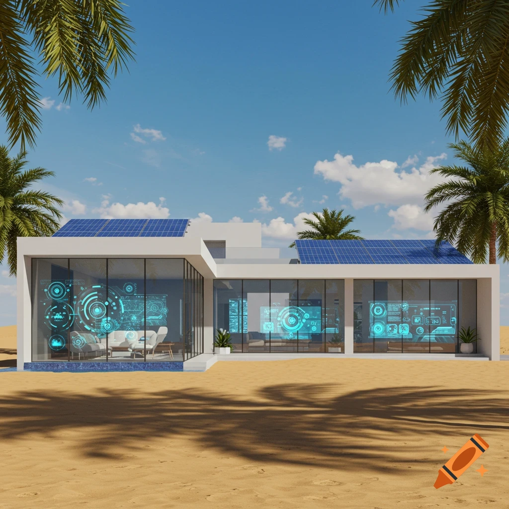 A modern smart home with solar panels and large glass windows displaying holographic interfaces, situated in a sandy desert.
