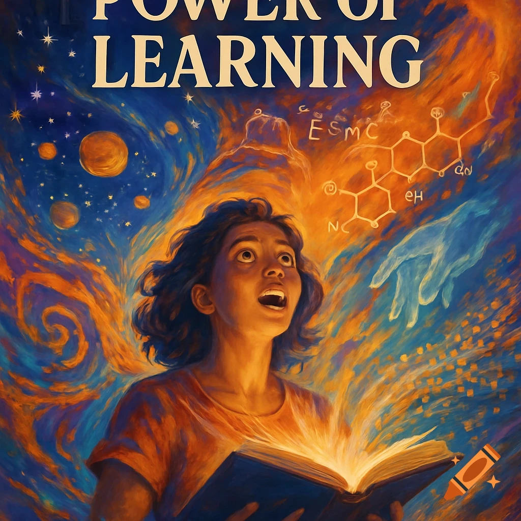 A young person looks up in awe, holding a glowing book amidst swirling cosmic energy with planets, stars, and scientific diagrams. Text reads "POWER OF LEARNING".