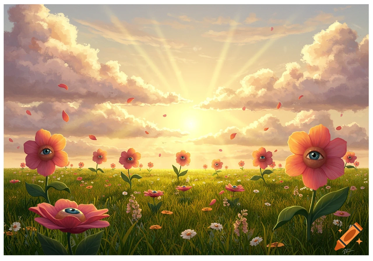 A vibrant, surreal meadow filled with pink and orange flowers, each featuring a human eye, under a golden sunset with clouds and falling petals.