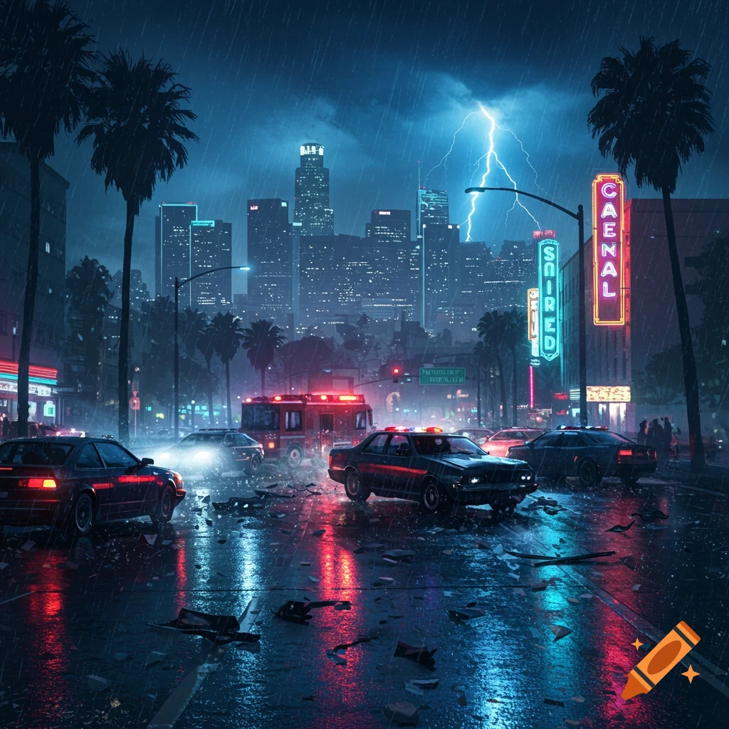 Rainy night in a city with a car accident. Emergency vehicles, palm trees, and skyscrapers under a lightning-filled sky.