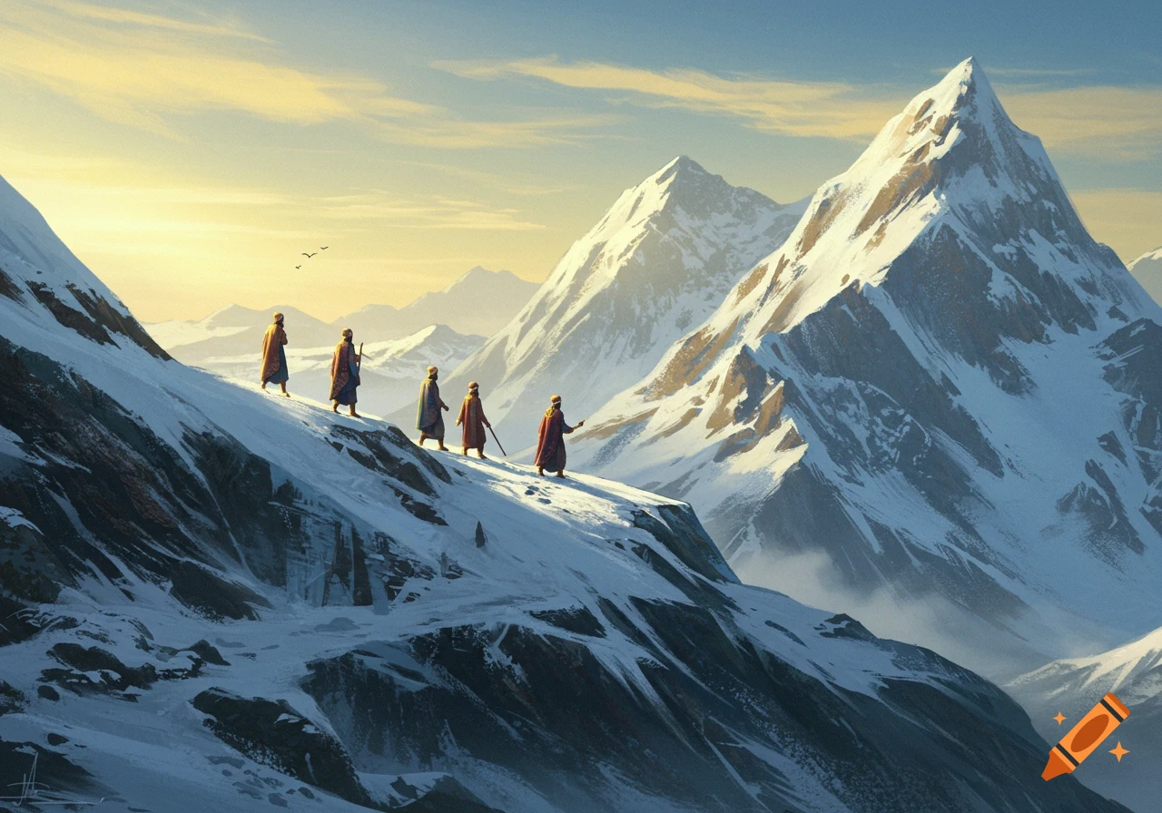 Five robed figures trek along a snowy mountain ridge with towering peaks and a glowing sky in a painterly style.