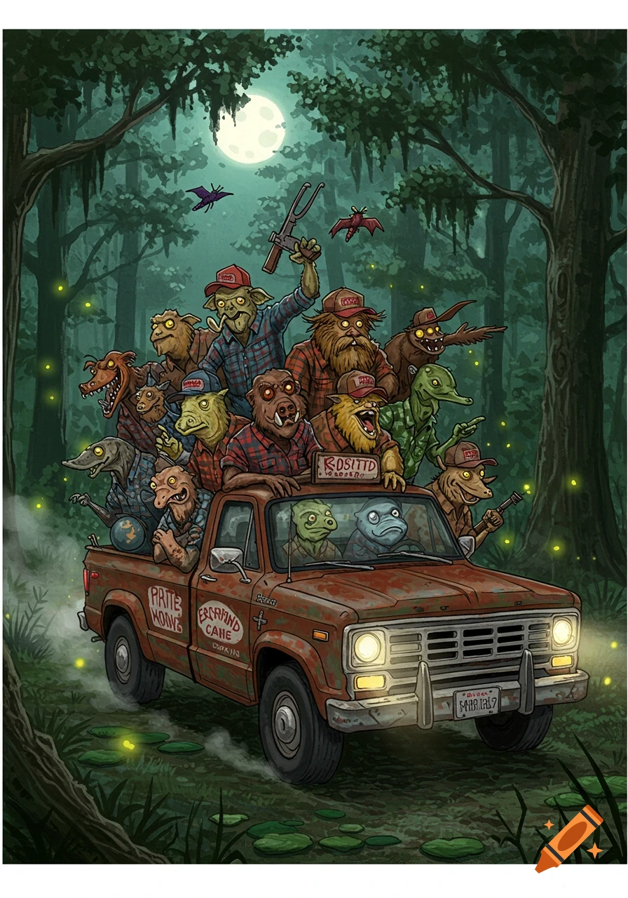 Cartoon illustration of various redneck-style cryptids riding in a rusty pickup truck through a swamp at night under a full moon.