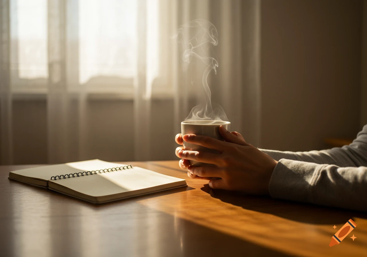 Hands holding a steaming coffee cup next to an open notebook on a wooden table, bathed in soft morning light.