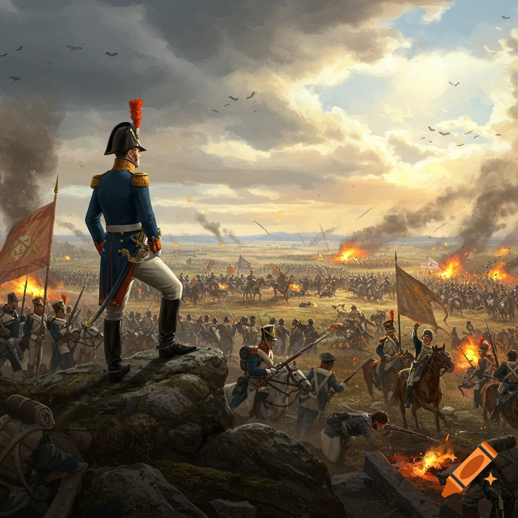 A general in a blue and white uniform surveys a vast, fiery Napoleonic battlefield at sunset, filled with soldiers and horses.