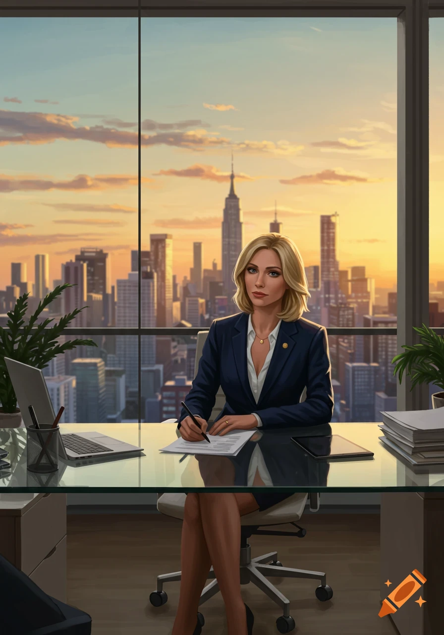 Blonde businesswoman in a suit writing at a glass desk in a high-rise office overlooking a city at sunset, digital art.