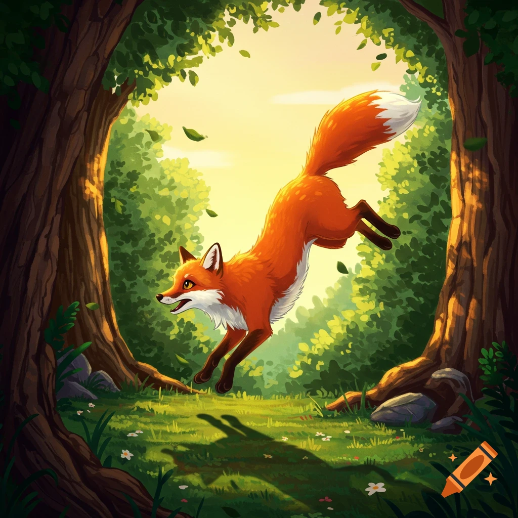 A cute orange and white fox leaps through a sunlit green forest, stylized illustration.