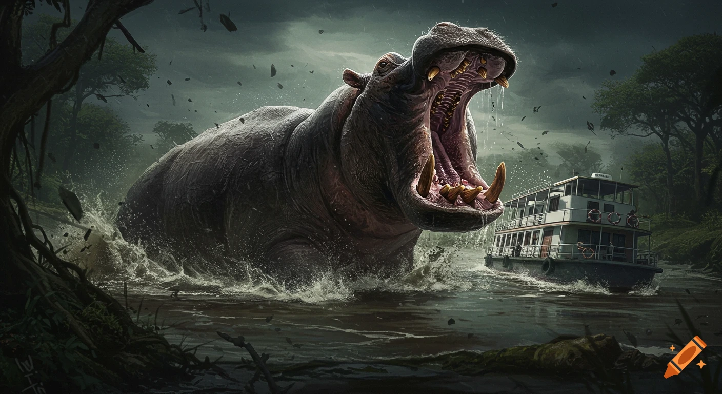 A giant, mutated hippopotamus with an open mouth charges through murky water at a luxury river cruise boat in a dark, ominous jungle setting.