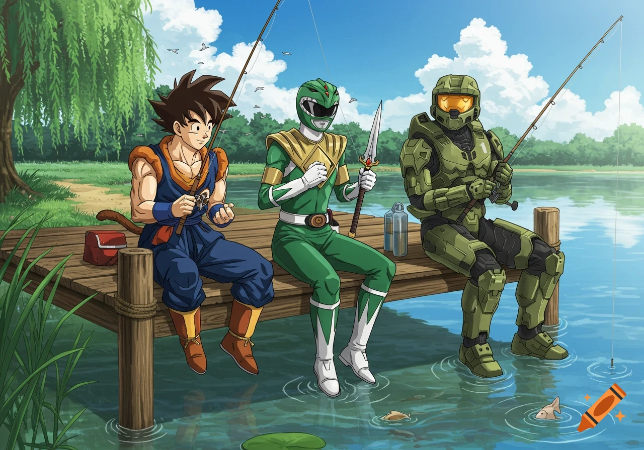 Goku, the Green Power Ranger, and Master Chief fish together on a peaceful lakeside dock in an anime art style.