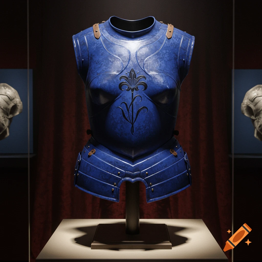 A cobalt blue female warrior's cuirass with a black lily engraved on the left breastplate, displayed in a dimly lit museum.