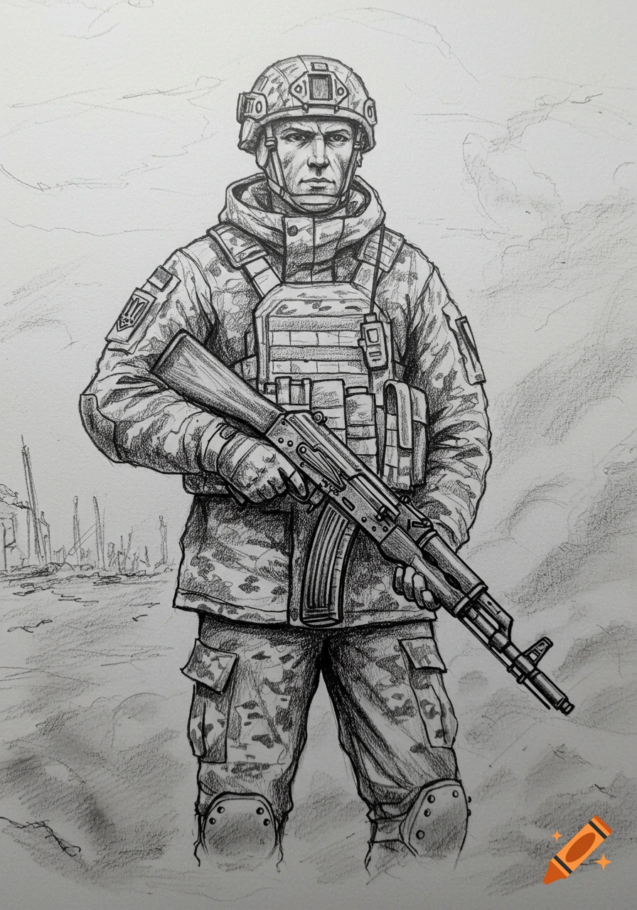 A black and white sketch of a Ukrainian soldier in uniform holding a rifle, standing in a desolate, war-torn landscape.