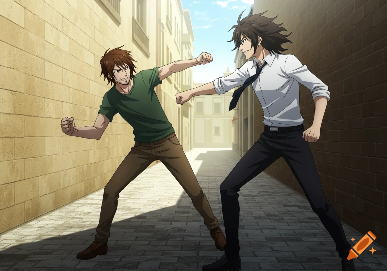 Two anime men in a narrow alley. A man with shaggy brown hair and a green t-shirt attempts to punch a man in a white shirt and black tie who is dodging.