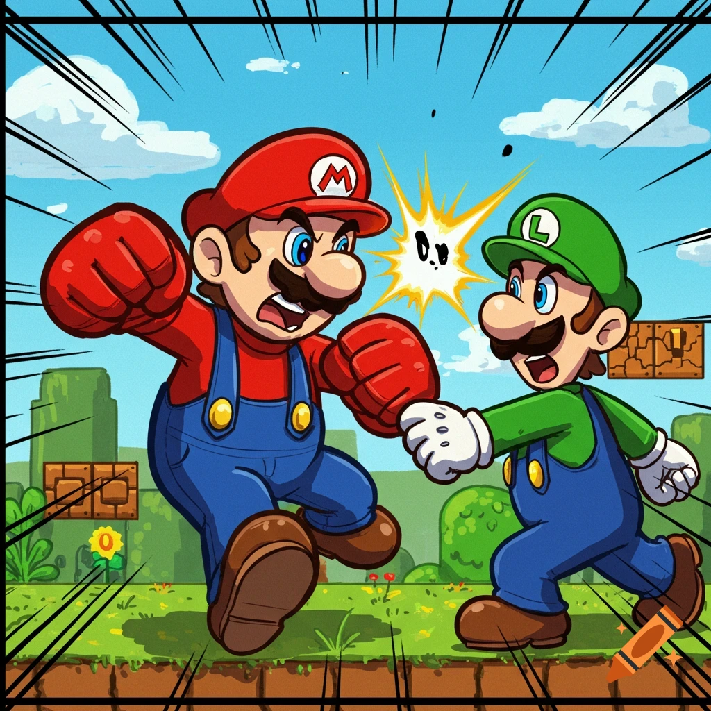 Mario in red punching gloves lunges at Luigi with green hat, in a vibrant cartoon style against a Super Mario Bros. background.