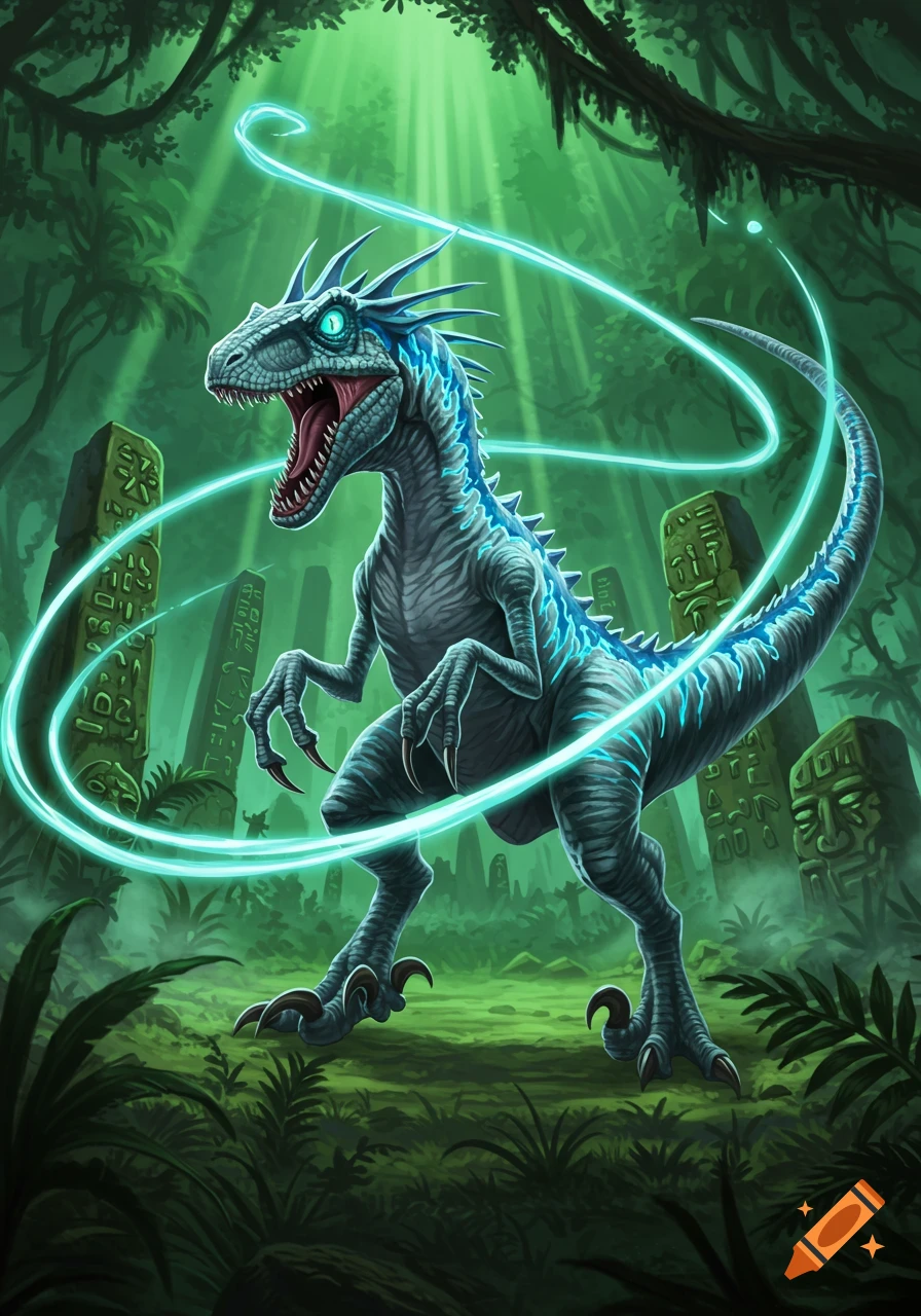 A blue velociraptor with glowing blue patterns roars, surrounded by a swirling turquoise light trail in a mystical jungle with ancient stone pillars.