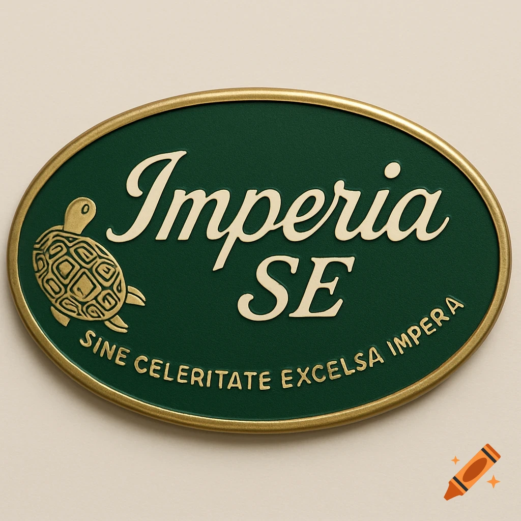 An elegant vintage oval green and gold plaque with 'Imperia SE', 'Sine celeritate excelsa impera' text, and a stylized turtle.