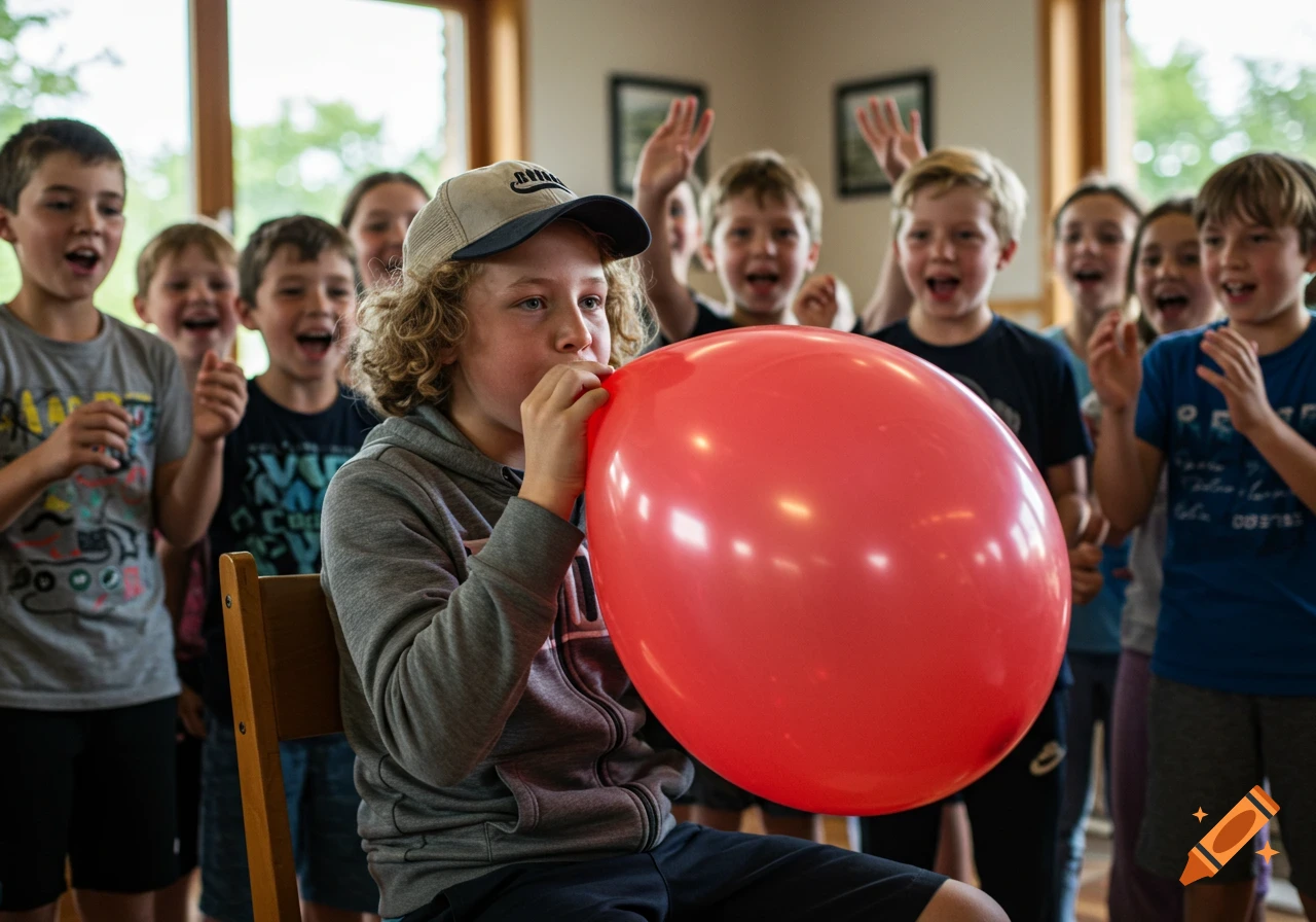 A boy with curly hair and a baseball cap blows up a large red balloon, surrounded by cheering children indoors.