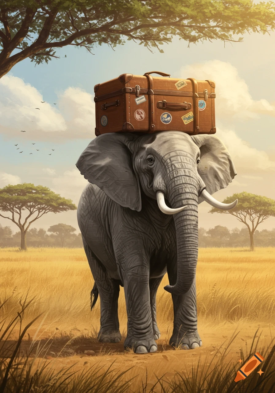 A stylized painting of an elephant standing in a sunny savanna, carrying a brown steamer trunk with travel stickers on its head.