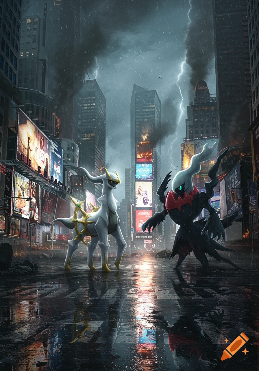 Arceus and Darkrai face each other in a rainy, destroyed Times Square with lightning and smoke, reflecting in wet streets.