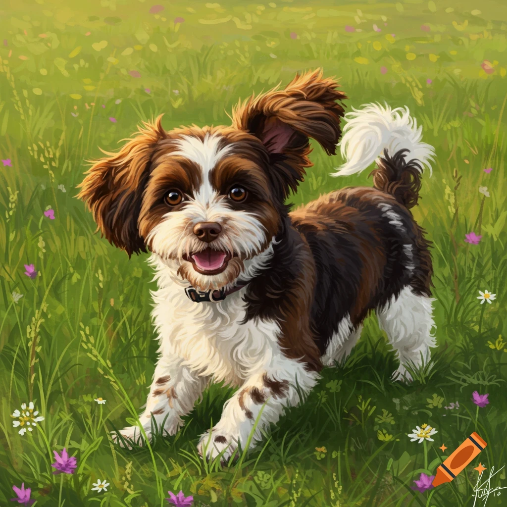 An illustration of a fluffy brown and white dog happily running through a green field with wildflowers.