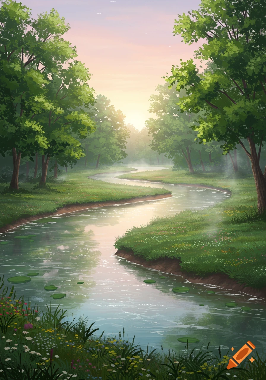 An illustrated serene river winding through a lush green forest under a soft, glowing sky at sunrise.