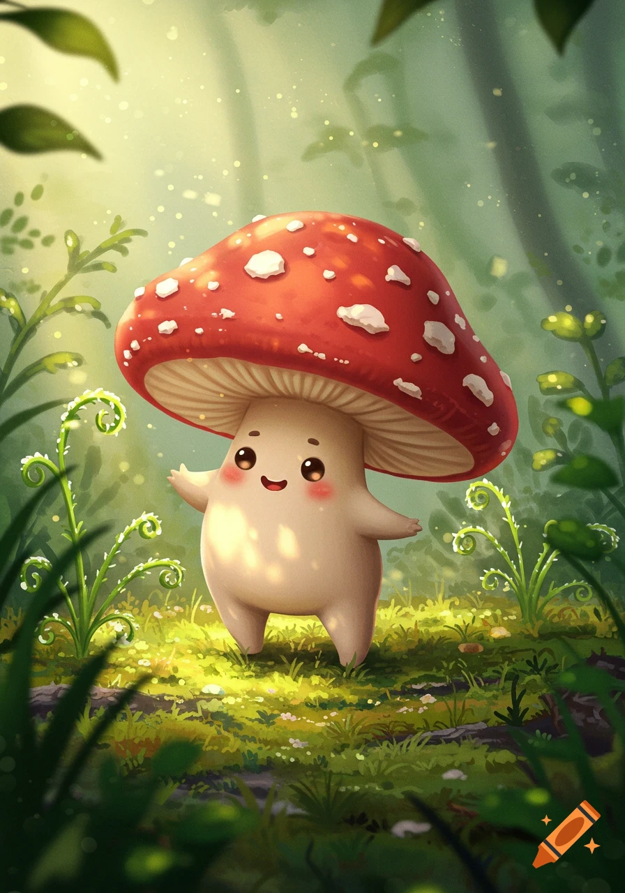 A cute, smiling mushroom character with a red spotted cap and tiny limbs stands in a magical, glowing forest.