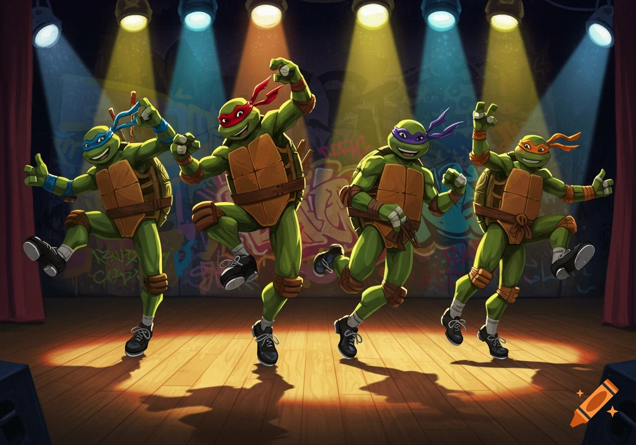 Leonardo, Raphael, Donatello, and Michelangelo from TMNT tap dancing on a stage under colorful spotlights, with graffiti on the back wall.
