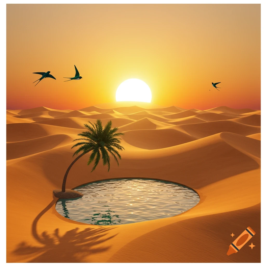 A vibrant desert oasis at sunset with a palm tree, circular water pool, and flying birds over sand dunes.