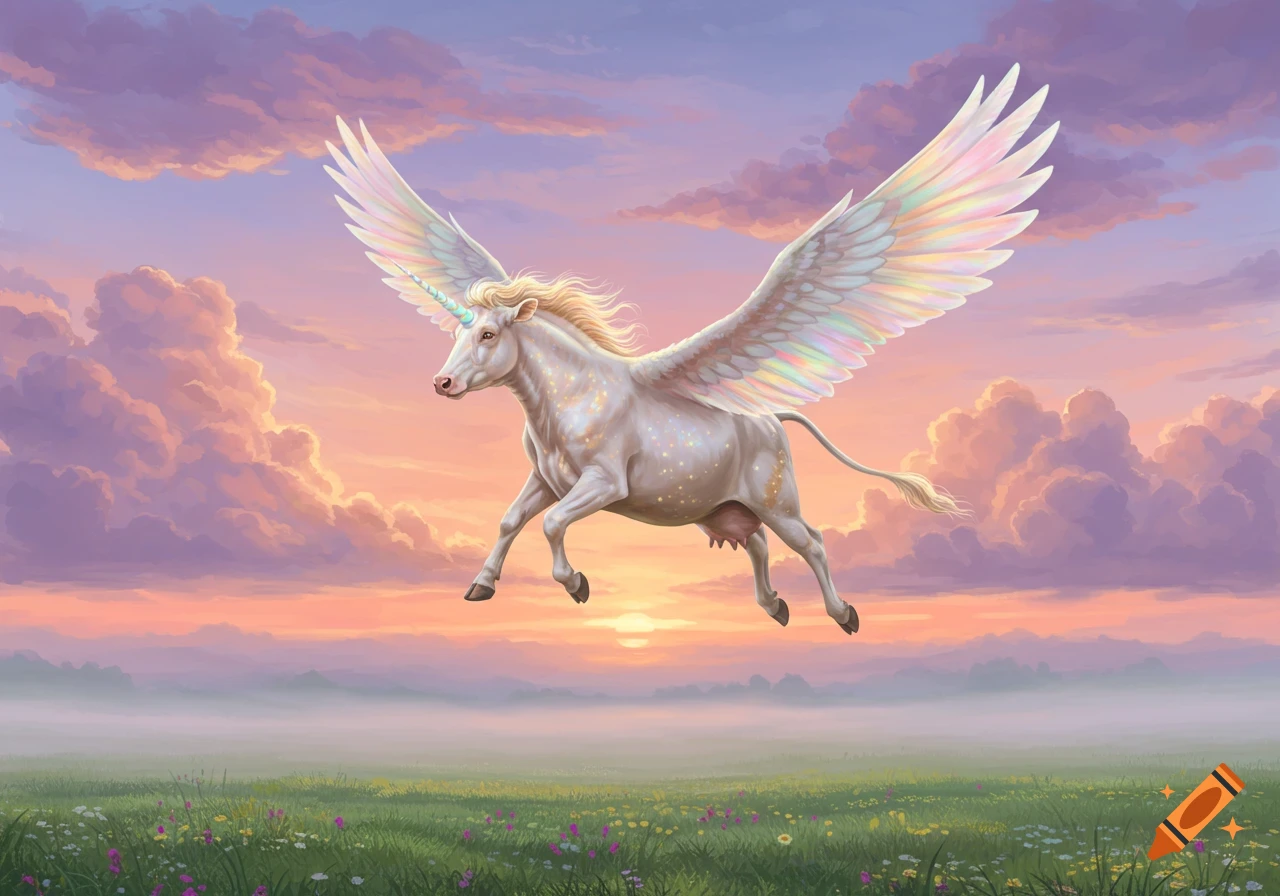 A majestic white flying unicorn-cow with iridescent wings over a misty green meadow at sunset with purple and orange clouds.