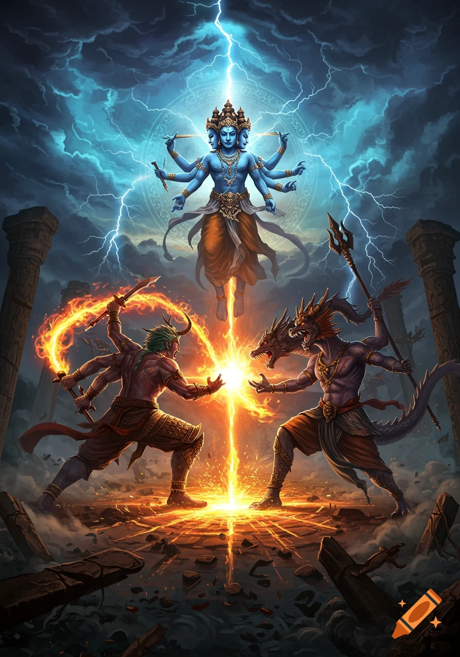 A multi-faced blue deity floats above two warriors, one horned and one dragon-headed, battling with fiery energy under a stormy, lightning-filled sky.