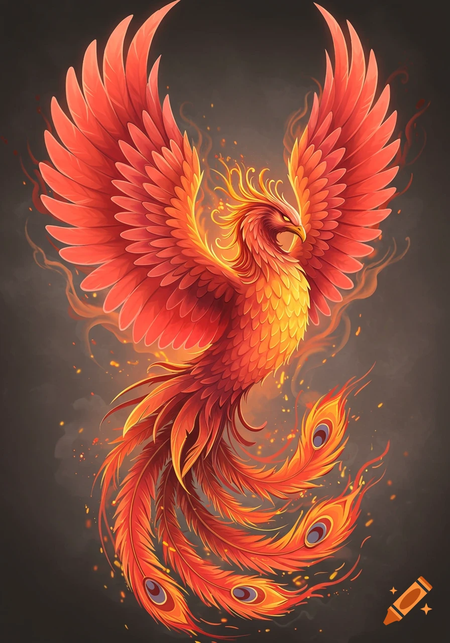 A vibrant red and orange phoenix with large, spread wings, glowing with a fiery aura against a dark background.