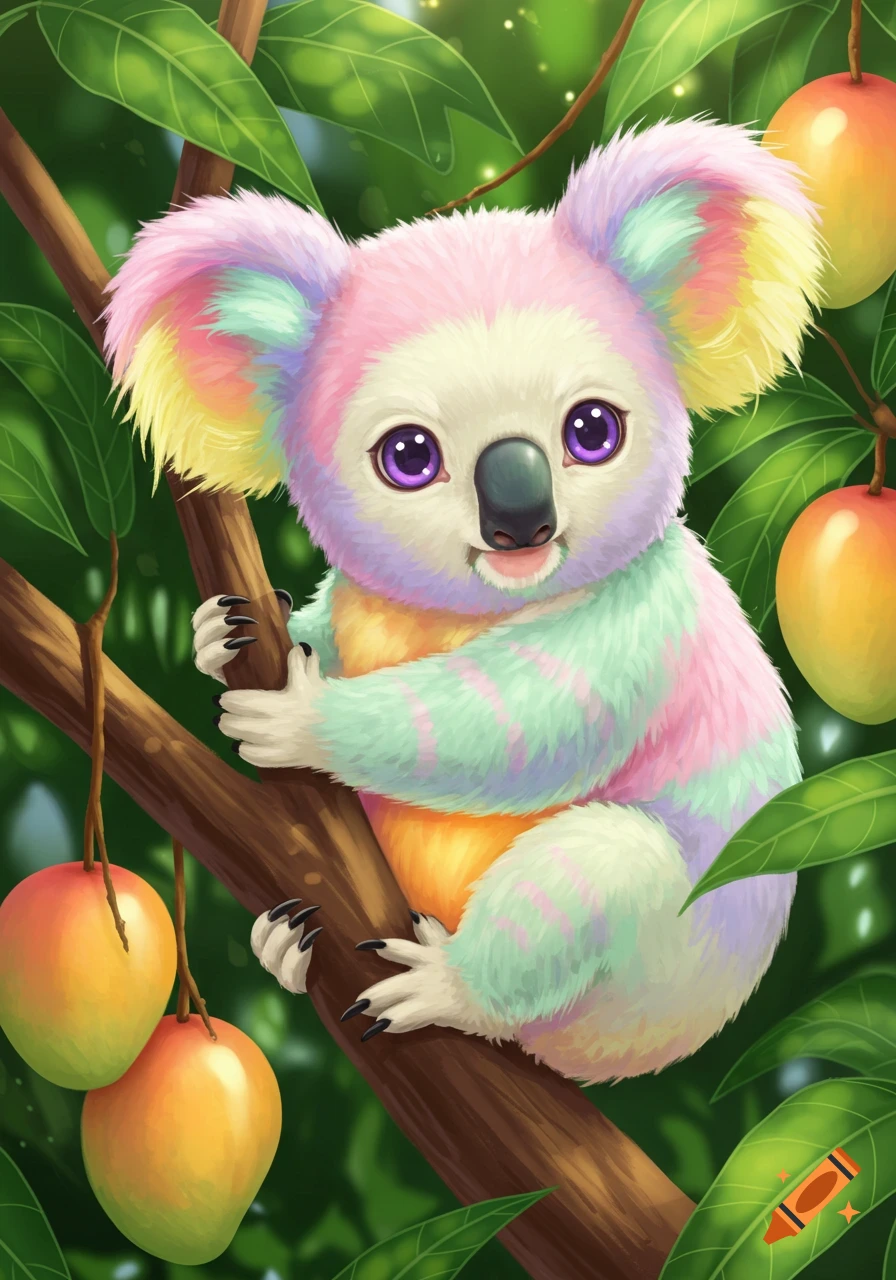 A cute rainbow-colored koala with large purple eyes clings to a mango tree branch with green leaves.