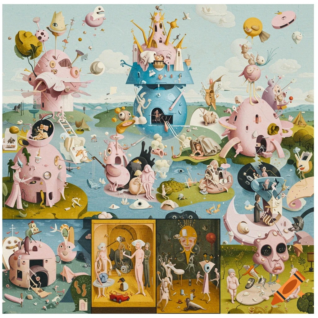 A surreal Hieronymus Bosch-inspired landscape in Corporate Memphis style, with bizarre figures, structures, and pastel colors.