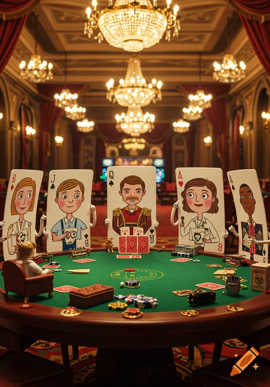 Photorealistic image of anthropomorphic playing cards sitting around a poker table in a luxurious casino.