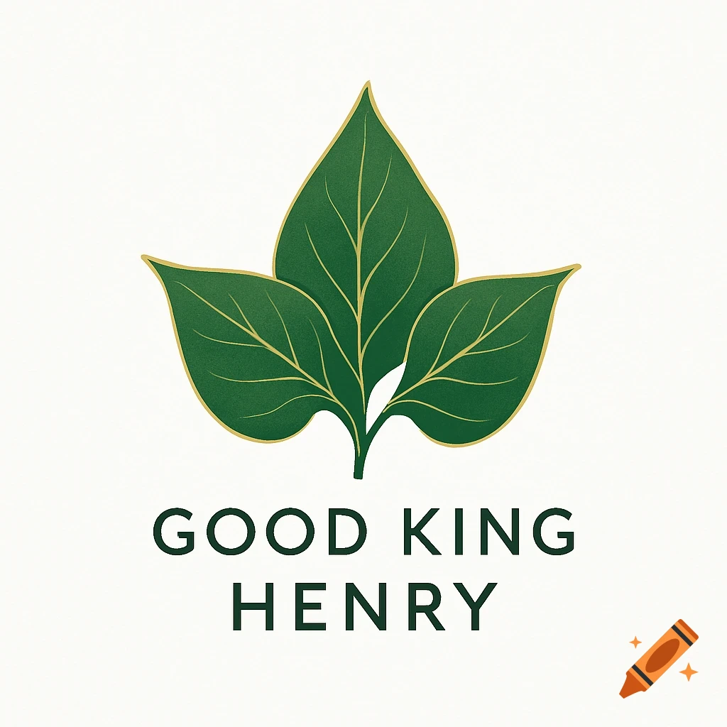 A minimalist logo featuring three dark green leaves with gold outlines and veins, above the text "GOOD KING HENRY".