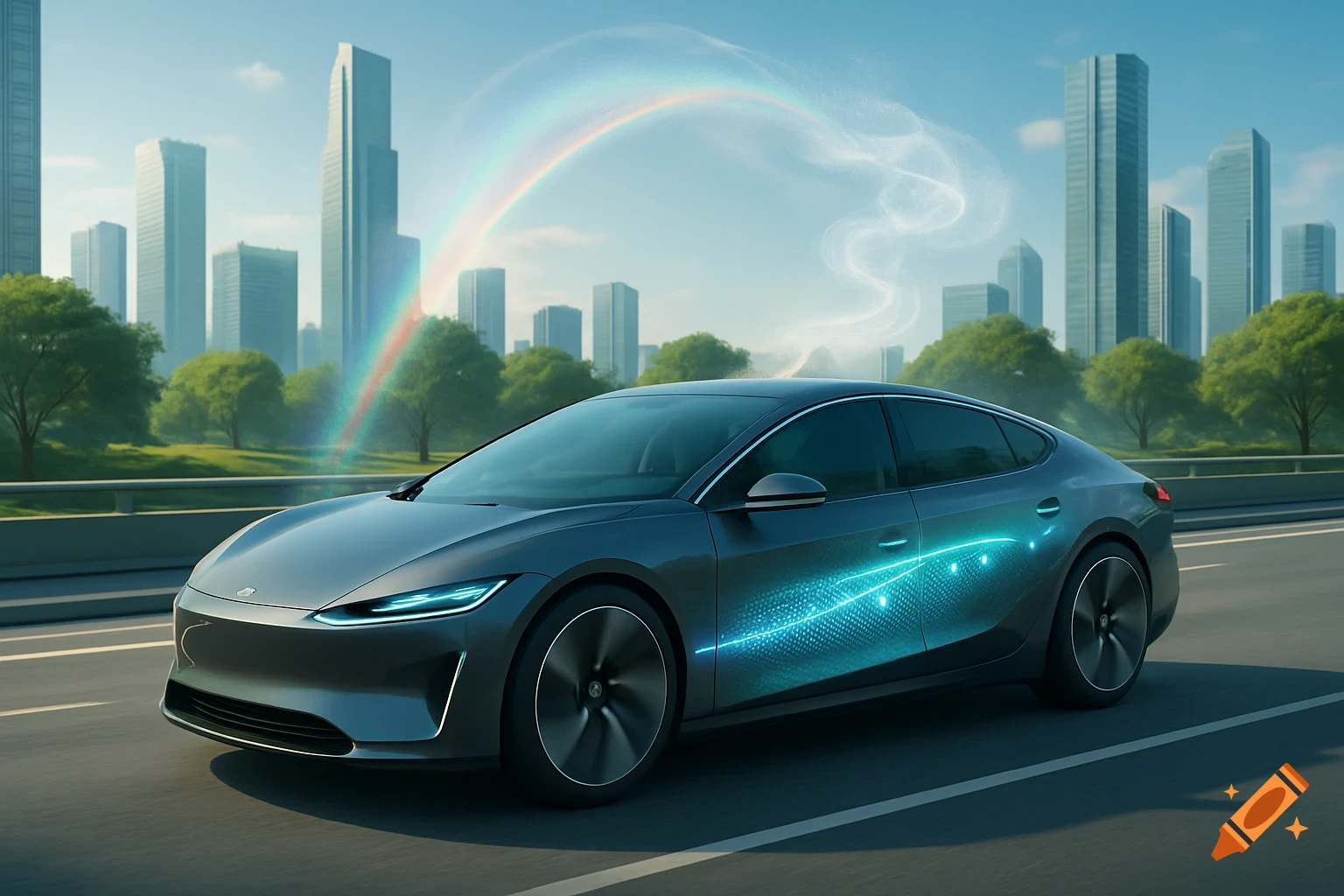 Dark gray futuristic electric car with glowing blue light trails and a rainbow drives on a city highway.