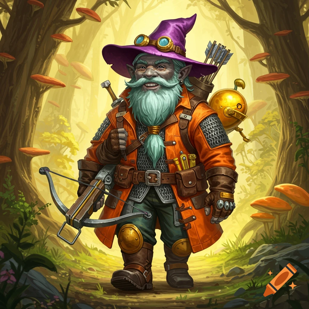 A grinning gnome artificer with a minty green beard, purple hat, and orange jacket walks through a fungal forest path, holding a crossbow.