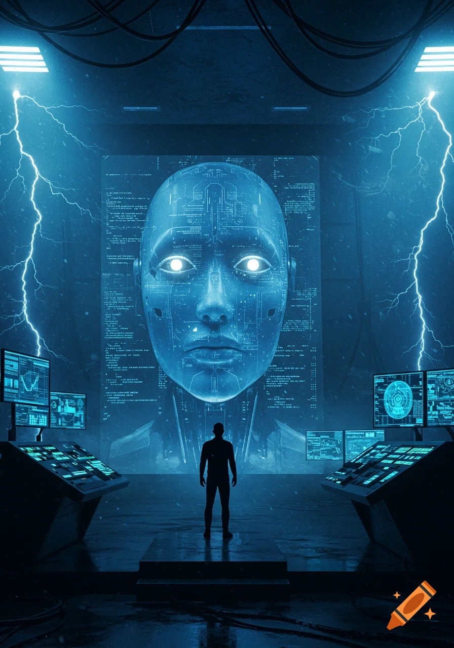 A lone man in a dark, futuristic control room facing a giant glowing AI head with data code, surrounded by monitors and lightning.