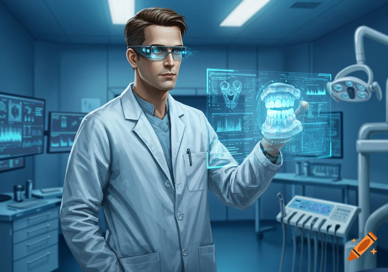 A futuristic male dentist with glowing glasses examines a holographic 3D model of teeth with data charts in a high-tech lab.